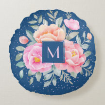 Monogram Watercolor Peonies Ro Rosa Blue Blommigt