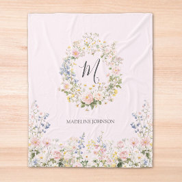 Monogram Watercolor Pink Blue Flowers Floral  Fleecefilt