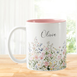 Monogram Watercolor Pink Blue Flowers Floral  Två-Tonad Mugg
