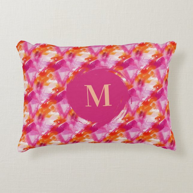 Monogram Watercolor Pink Orange Abstract Prydnadskudde (Framsidan)