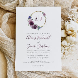Monogram Watercolor Purple Floral Wreath Wedding Inbjudningar