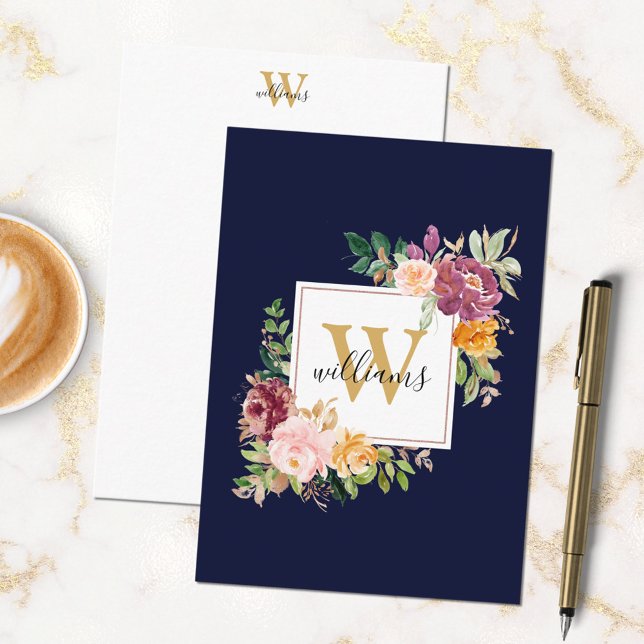 Monogram Watercolor Ro Guld Flower Blommigt Anteckningskort (In situ)