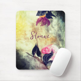 Monogram Watercolor Rosa Flowers Black Löv Musmatta