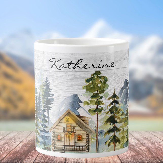 Monogram Watercolor Rustic Forest Mountain Cabin Jumbo Mugg (In situ)