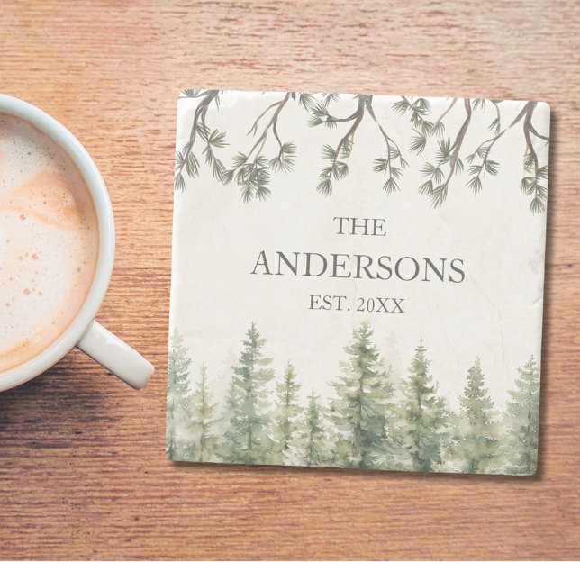 Monogram Watercolor Rustic Gräs Träd och Grenar Stenunderlägg (In situ)