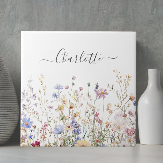 Monogram Watercolor Rustic Pretty Wildflower Field Kakelplatta (In situ)