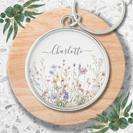 Monogram Watercolor Rustic Pretty Wildflower Field Rund Silverfärgad Nyckelring
