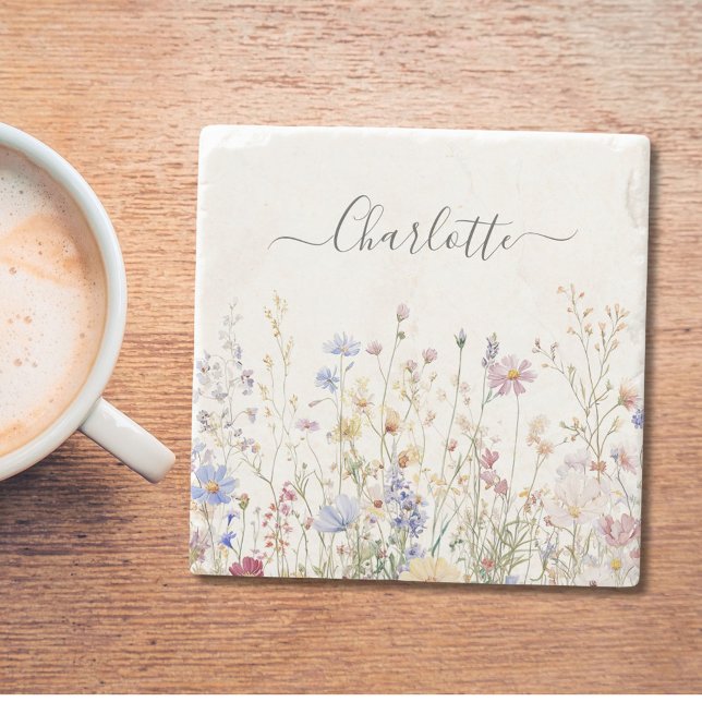 Monogram Watercolor Rustic Pretty Wildflower Field Stenunderlägg (In situ)