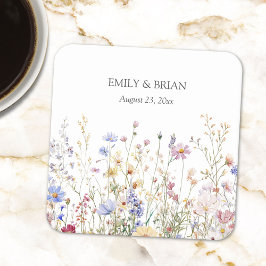 Monogram Watercolor Rustic Pretty Wildflower Field Underlägg Papper Kvadrat