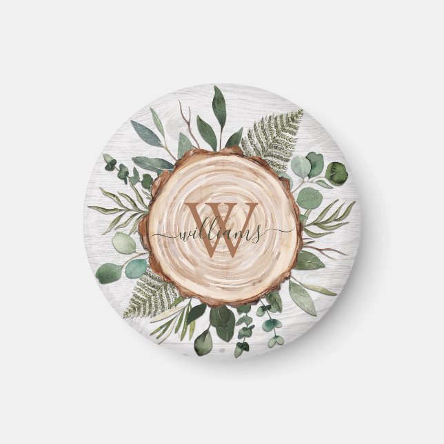 Monogram Watercolor Rustic Wood Slice och Foliage Magnet (Framsidan)