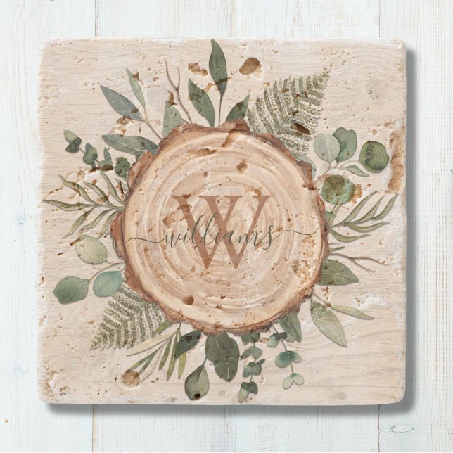 Monogram Watercolor Rustic Wood Slice och Foliage Stenunderlägg (Skapare uppladdad)