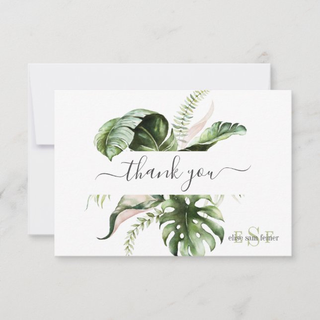 Monogram Watercolor Tropical Foliage Tack, tack Kort (Framsida)