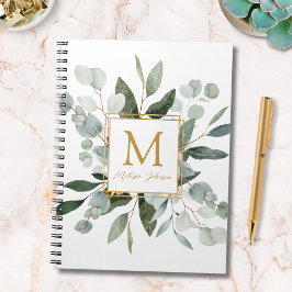 Monogram Watercolor Tropical Green Eucalyptus Anteckningsbok