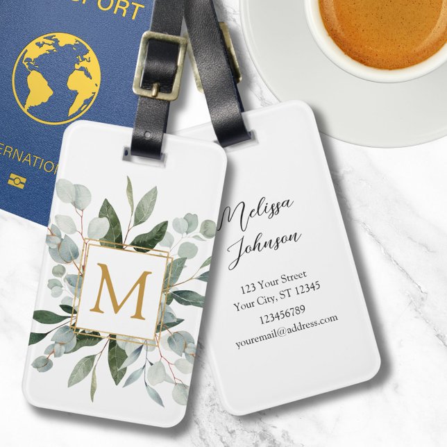 Monogram Watercolor Tropical Green Leaves Bagagebricka (In situ)