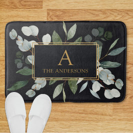 Monogram Watercolor Tropical Green Leaves Black Badrumsmatta