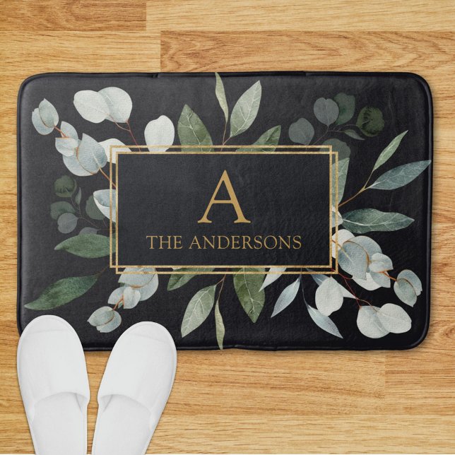 Monogram Watercolor Tropical Green Leaves Black Badrumsmatta (In situ)