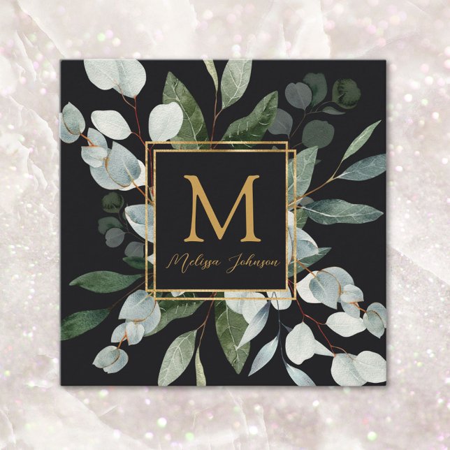 Monogram Watercolor Tropical Green Leaves Black Fyrkantigt Visitkort (In situ)