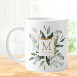 Monogram Watercolor Tropical Green Leaves Jumbo Mugg