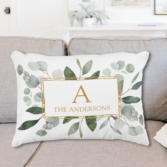 Monogram Watercolor Tropical Green Leaves Prydnadskudde (Skapare uppladdad)