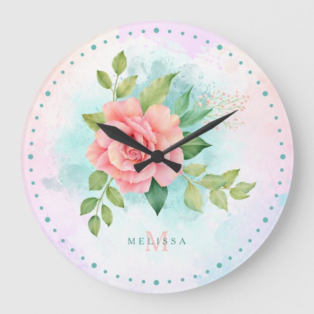 Monogram Watercolor Turcos Ombre Rosa ros Stor Klocka (Framsida)