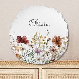 Monogram Watercolor Wildblomme Söt Blommigt Rund Kudde