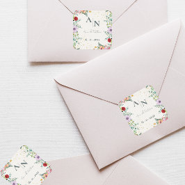 Monogram Watercolor Wildblommor Blommigt Bröllop Fyrkantigt Klistermärke