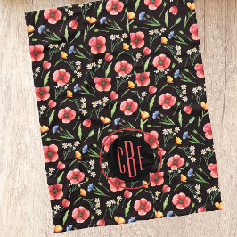 Monogram Watercolor Wildblommor Poppies Mönster Fleecefilt