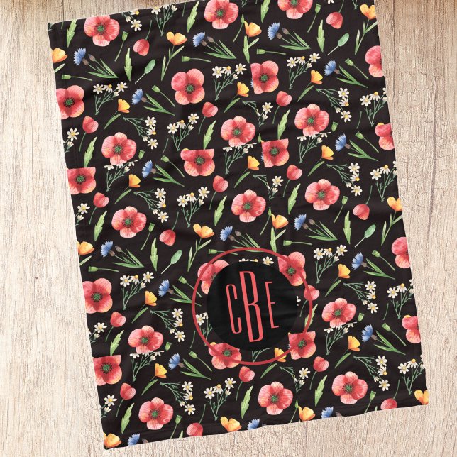 Monogram Watercolor Wildblommor Poppies Mönster Fleecefilt (Skapare uppladdad)