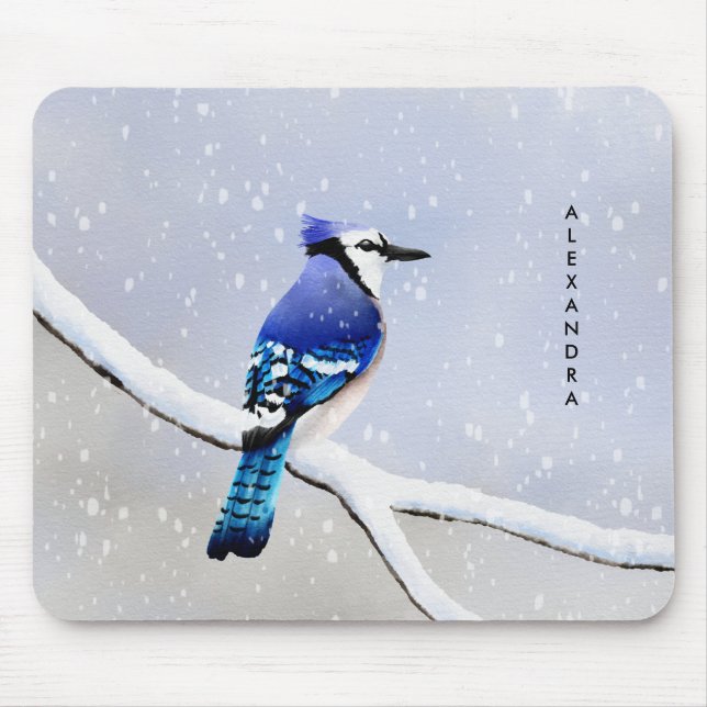 Monogram Watercolor Winter Snö Bird Blue Jay Musmatta (Framsidan)