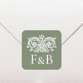 Monogram Wedding Ornate Floral Green Fyrkantigt Klistermärke