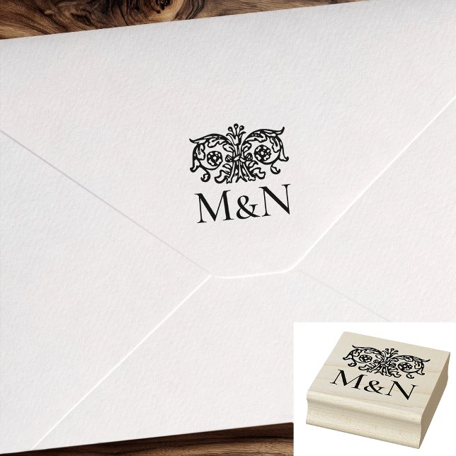 Monogram Wedding Rubber Stamp Ornate Floral Stämpel (Skapare uppladdad)