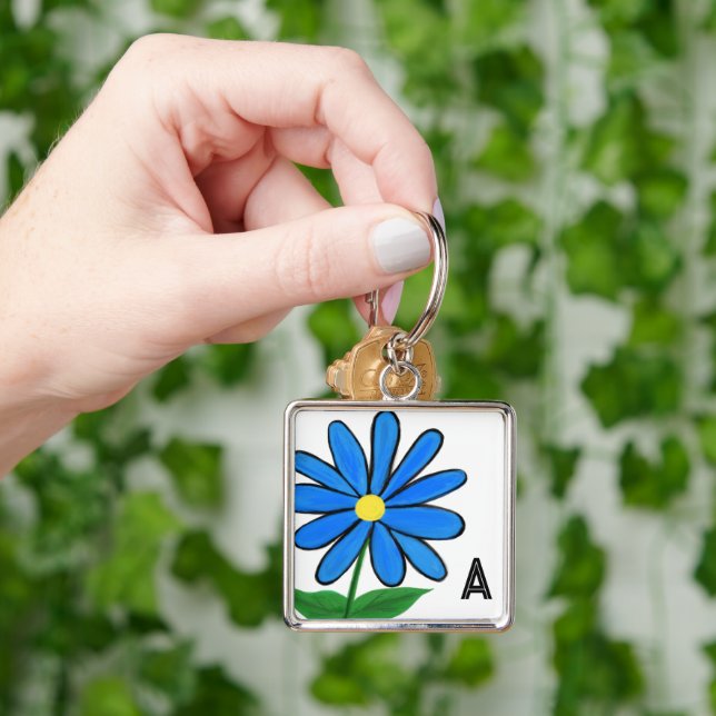 Monogram Whimsical Blue Daisy Fyrkantig Silverfärgad Nyckelring (Hand)