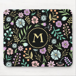 Monogram Whimsical Flowers on Black Mousepad Musmatta