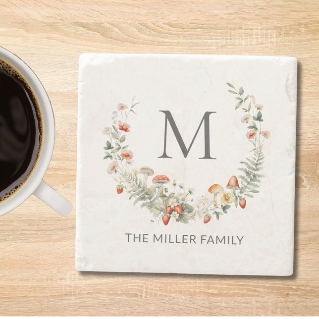 Monogram Whimsical Watercolor Blommigt Botanical Stenunderlägg (In situ)