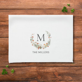 Monogram Whimsical Watercolor Blommor Botanisk  Kökshandduk