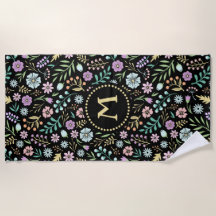Monogram Whimsics Flowers på Black Beach Towel