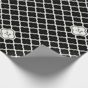 Monogram White & Black Quatrefoil Mönster Bröllop Presentpapper