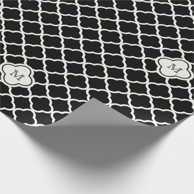 Monogram White & Black Quatrefoil Mönster Bröllop Presentpapper (Hörn)