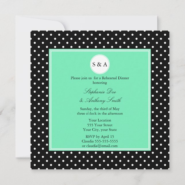 Monogram White Black, Seafoam Polka Dot Rehearsal Inbjudningar (Framsida)