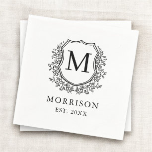 Monogram White Black Vapensköld Botanical Bröllop Pappersservett