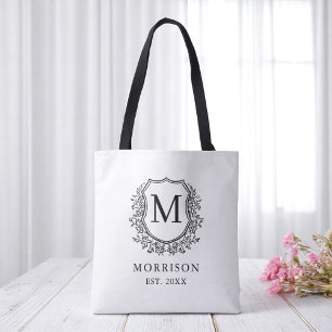 Monogram White Black Vapensköld Botanical Bröllop Tygkasse