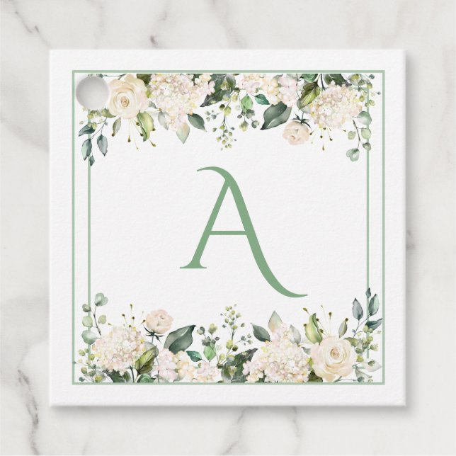 Monogram White Blommigt Greenery Elegant Gåvor Etiketter (Framsida)