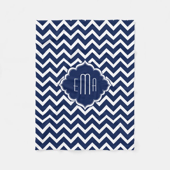 Monogram White & Blue Geometric Zigzag Chevron Fleecefilt (Framsidan)