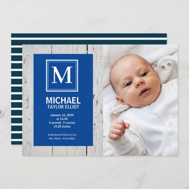 Monogram White Blue Rand Photo Pojke Birth Meddelande (Fram/baksida)