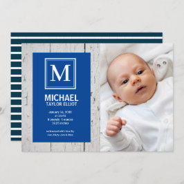 Monogram White Blue Rand Photo Pojke Birth Meddelande