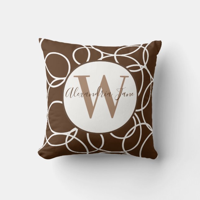 Monogram White Circles Brown Modern Abstrakt Kudde (Framsida)