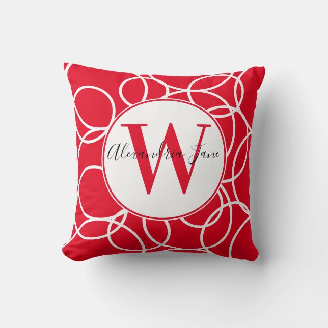 Monogram White Circles Red Modern Abstrakt Kudde (Framsida)
