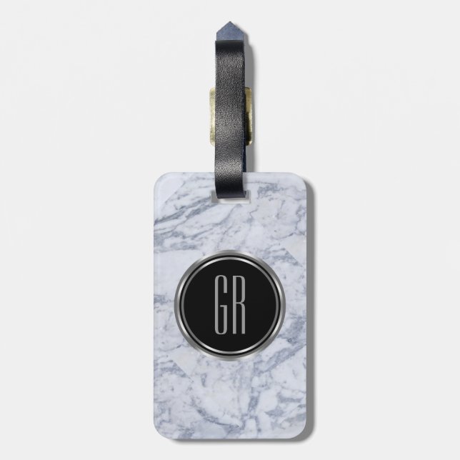 Monogram White Faux Marble Stone Mönster Bagagebricka (Baksidan Lodrät)
