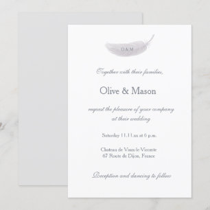 Monogram White Grått Angel Feather Elegant bröllop Inbjudningar