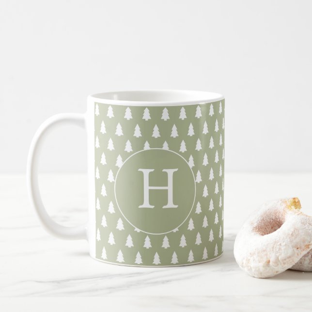 Monogram White Julgran Mönster Grönt Gift Kaffemugg (Med munk)